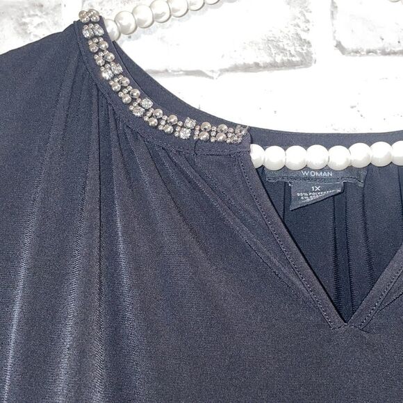 Liz Claiborne Blouse Black V Neck Embellished Neckline Rhinestones Size 1X - Picture 3 of 7